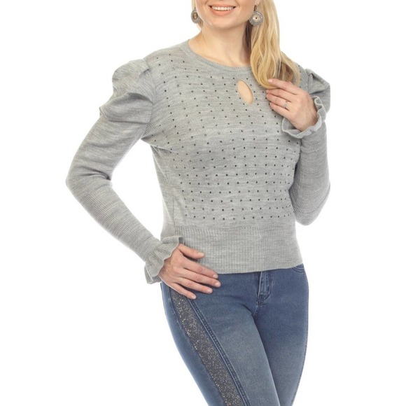 AZI Sweaters - AZI Jeans Women's Size M Gray Puff Sleeve Knit Sweater Keyhole Rhinestones NWT